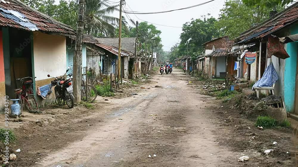 A narrow, dusty path lined with simple homes, motorcycles, and trees in a village setting. A narrow, dusty path lined with simple homes, motorcycles, and trees in a village setting.