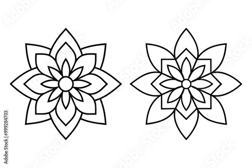 A simple black and white mandala illustration featuring intricate floral patterns and geometric shapes.