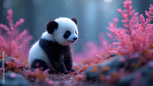 miniature tiny panda thriving in an Ethereal Biome where flora and fauna glow with bioluminescent pink and aqua tones creating a surreal dreamlike environment