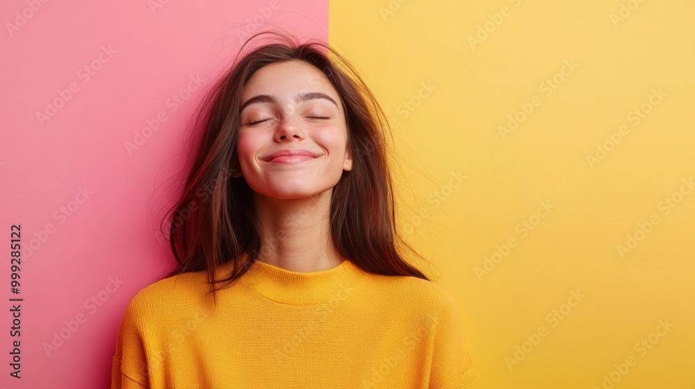 Blissful and Radiant Woman Exuding Joy and Positive Emotions in Vibrant Studio Setting