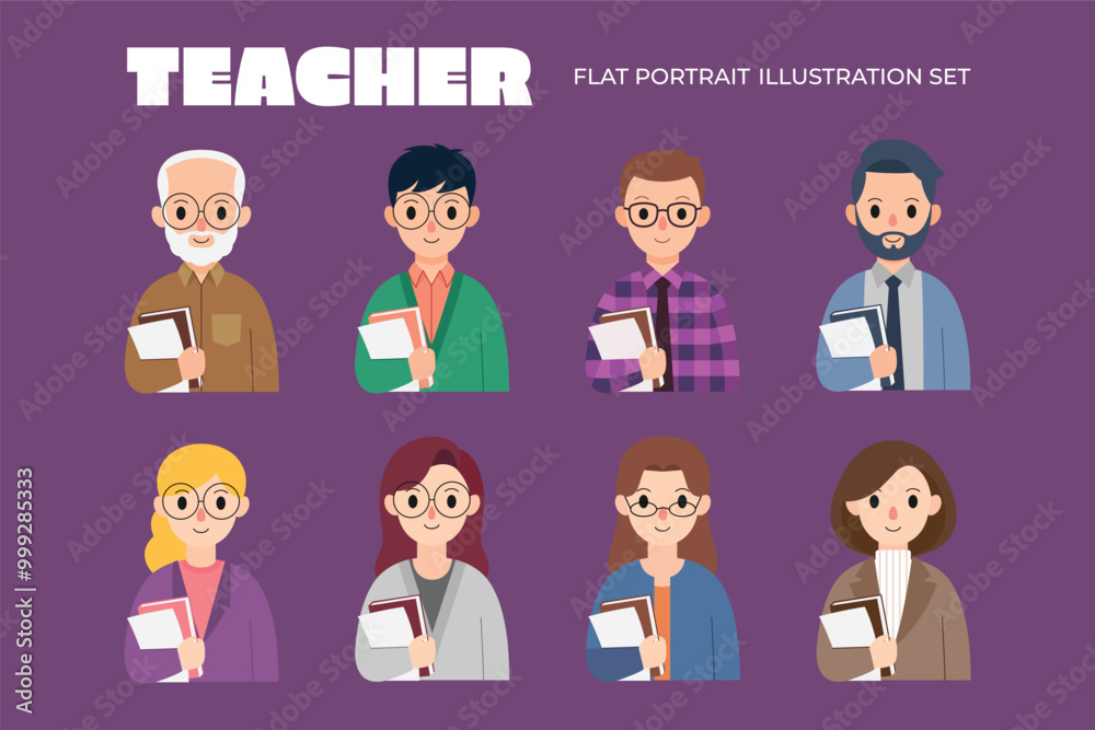 Teacher portrait flat illustration set Teacher portrait flat illustration set