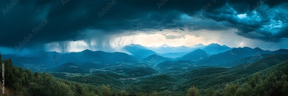 Thunderstorm Over Mountains, dramatic clouds gathering above rugged peaks, intense atmospheric energy, blurred valley beneath, nature's power unleashed Thunderstorm Over Mountains, dramatic clouds gathering above rugged peaks, intense atmospheric energy, blurred valley beneath, nature's power unleashed