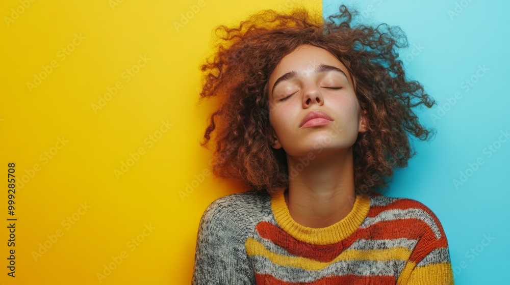 Weary Woman with Curly Hair Rests in Colorful Studio Setting Weary Woman with Curly Hair Rests in Colorful Studio Setting