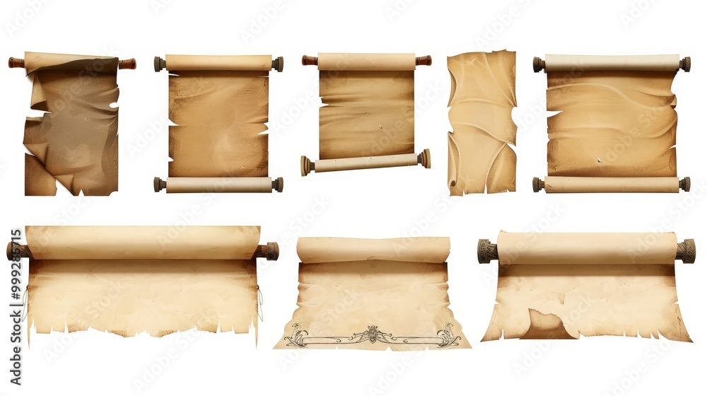 Old Paper Scroll Set, Antique Parchment Collection Isolated On White Old Paper Scroll Set, Antique Parchment Collection Isolated On White