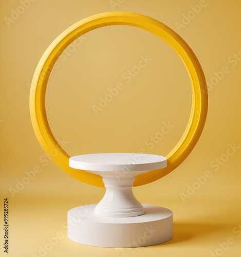 Stunning Display of a White Pedestal with a Large Yellow Circular Frame, Perfect for Showcasing Art or Products