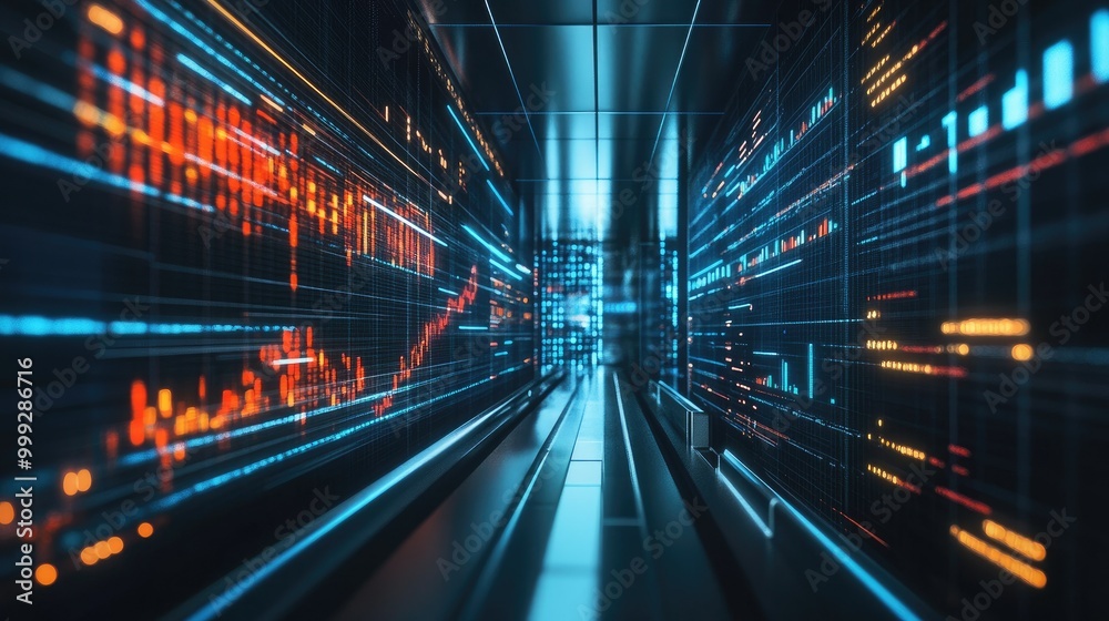 A modern business environment with fast-flowing charts and data, symbolizing the agility required in today dynamic markets A modern business environment with fast-flowing charts and data, symbolizing the agility required in today dynamic markets