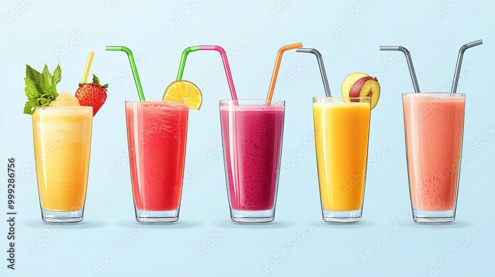 Collection of fruit juice smoothies straw fruit glass drinks isolated on light blue background Collection of fruit juice smoothies straw fruit glass drinks isolated on light blue background