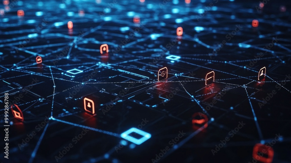 A network of connected devices with endpoint security symbols, emphasizing data breach prevention. A network of connected devices with endpoint security symbols, emphasizing data breach prevention.