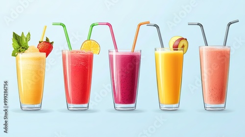 Collection of fruit juice smoothies straw fruit glass drinks isolated on light blue background 