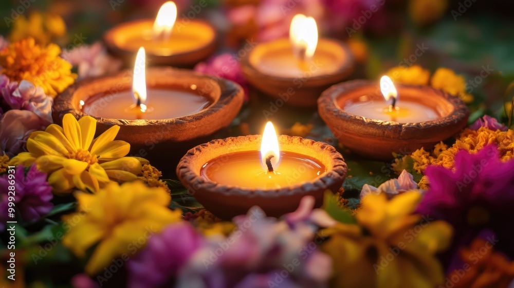 A peaceful Diwali night with clay diyas glowing gently, set among colorful flowers and warm candles A peaceful Diwali night with clay diyas glowing gently, set among colorful flowers and warm candles