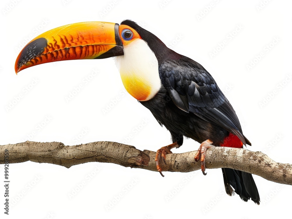 Obraz premium Vibrant Toucan on Branch Isolated On White Background