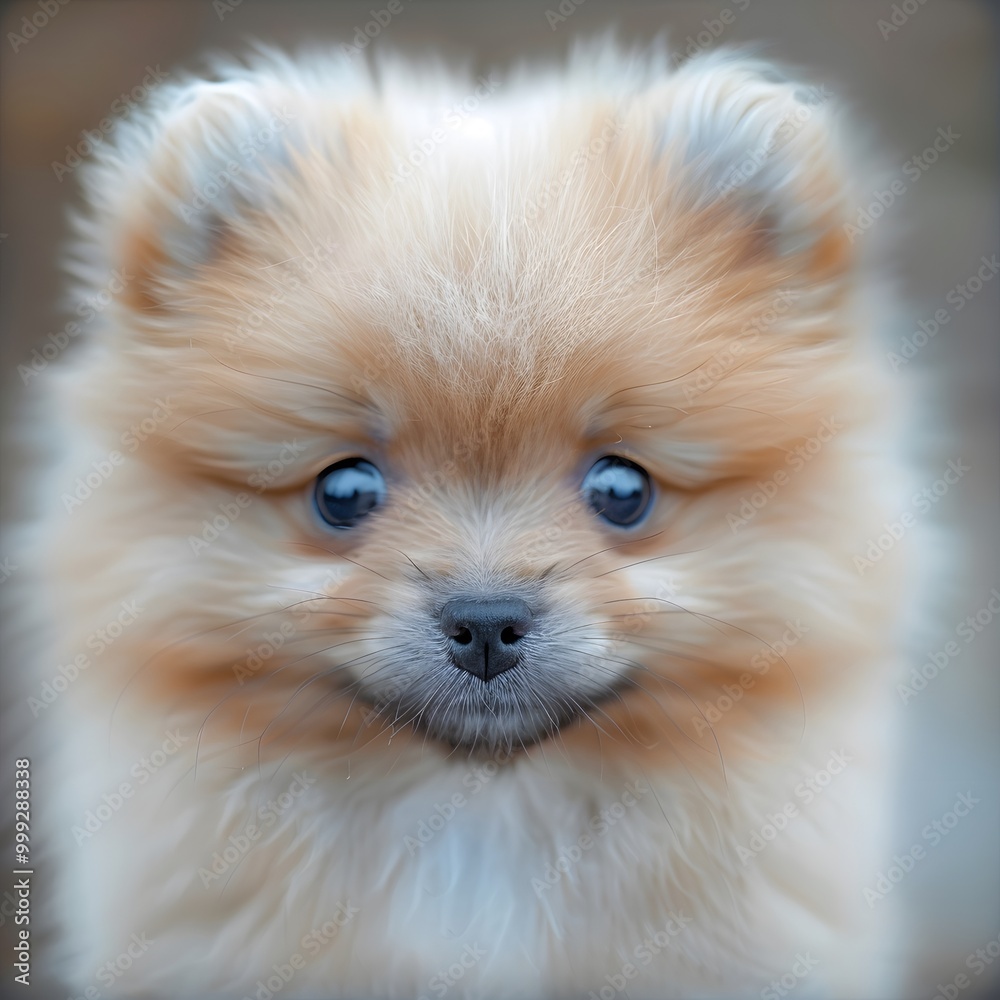 A small, fluffy, light orange-brown puppy sits against a white background. A small, fluffy, light orange-brown puppy sits against a white background.