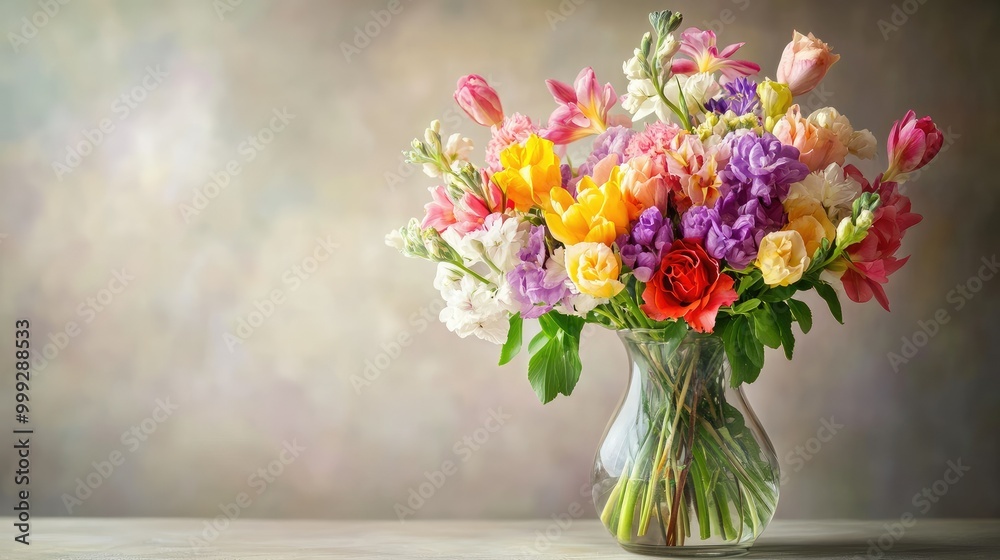 A vibrant bouquet of spring flowers in a clear vase, with a neutral background and plenty of room for text A vibrant bouquet of spring flowers in a clear vase, with a neutral background and plenty of room for text