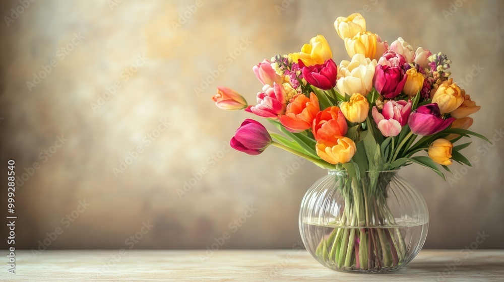 A vibrant bouquet of spring flowers in a clear vase, with a neutral background and plenty of room for text A vibrant bouquet of spring flowers in a clear vase, with a neutral background and plenty of room for text