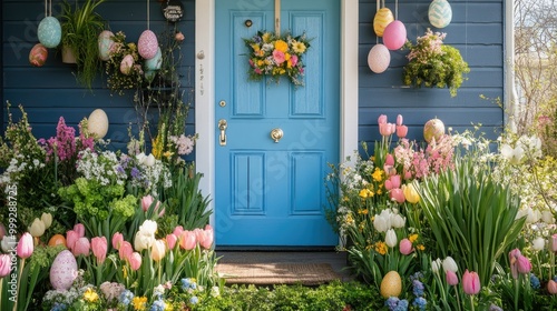 A warm Easter welcome with a front door decorated in bright spring colors, featuring eggs and flowers