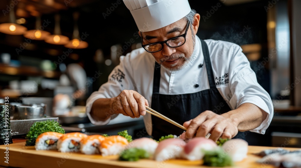 巧みな寿司職人の技:日本のキッチンでおいしい料理を作り上げている - ダイニングポスターに最適 巧みな寿司職人の技:日本のキッチンでおいしい料理を作り上げている - ダイニングポスターに最適