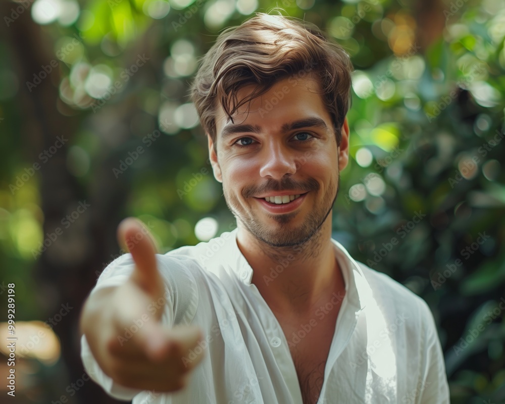 Smiling Young Man Offering Handshake in Nature Setting – Friendly Portrait Photography for Lifestyle and Business Use Smiling Young Man Offering Handshake in Nature Setting – Friendly Portrait Photography for Lifestyle and Business Use