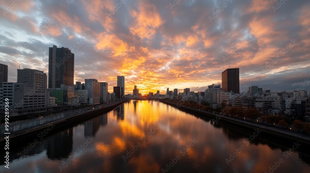 Naklejka premium 大阪のスカイラインに映る川の景色と鮮やかな夕日