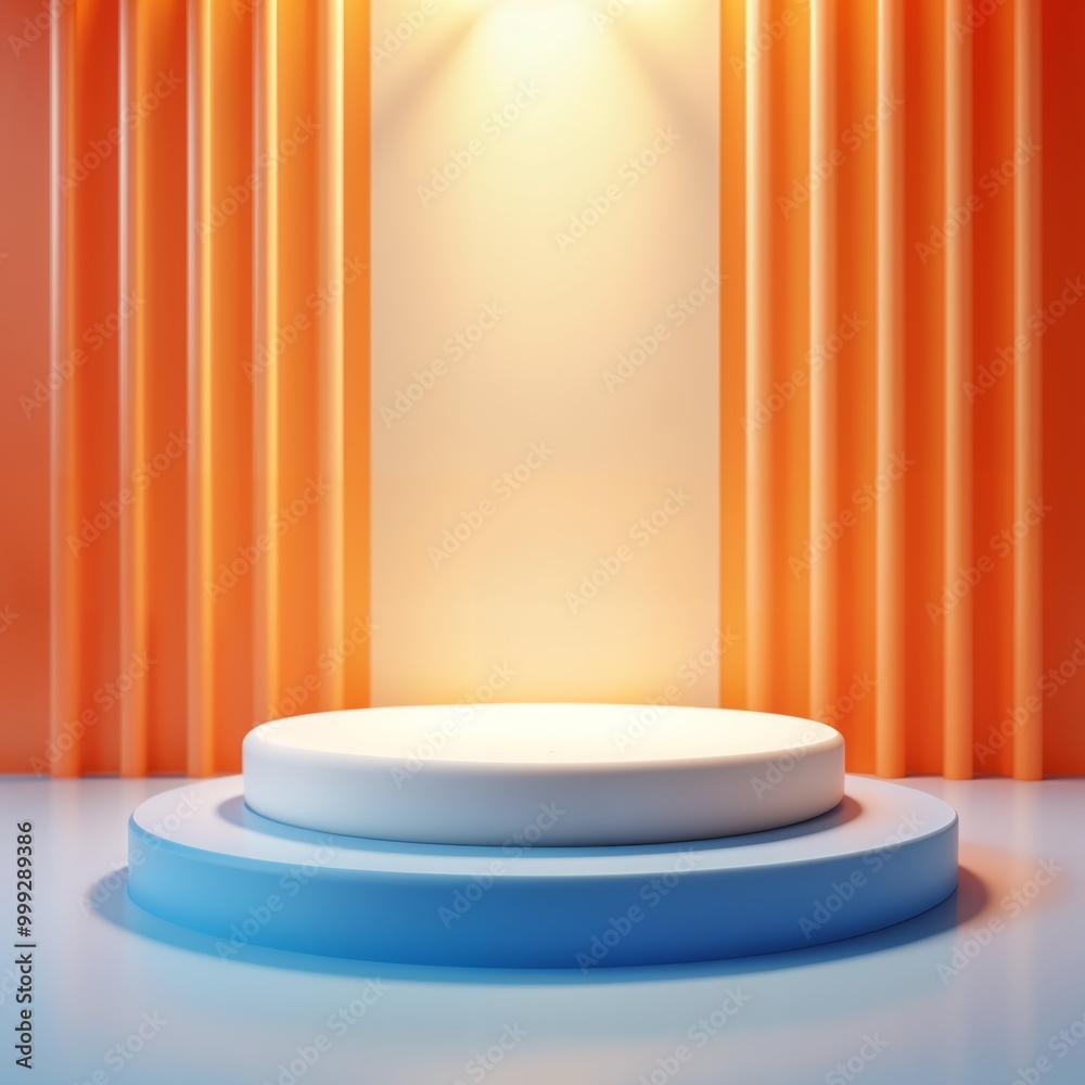 A graceful white circular podium on a blue platform, ideal for presentations and events, elegantly surrounded by vibrant orange curtains and illuminated with bright overhead lighting. A graceful white circular podium on a blue platform, ideal for presentations and events, elegantly surrounded by vibrant orange curtains and illuminated with bright overhead lighting.