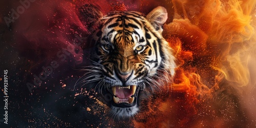 Fierce Tiger with an Explosion of Colors, Displaying Raw Power and Authority in a Striking Image. 