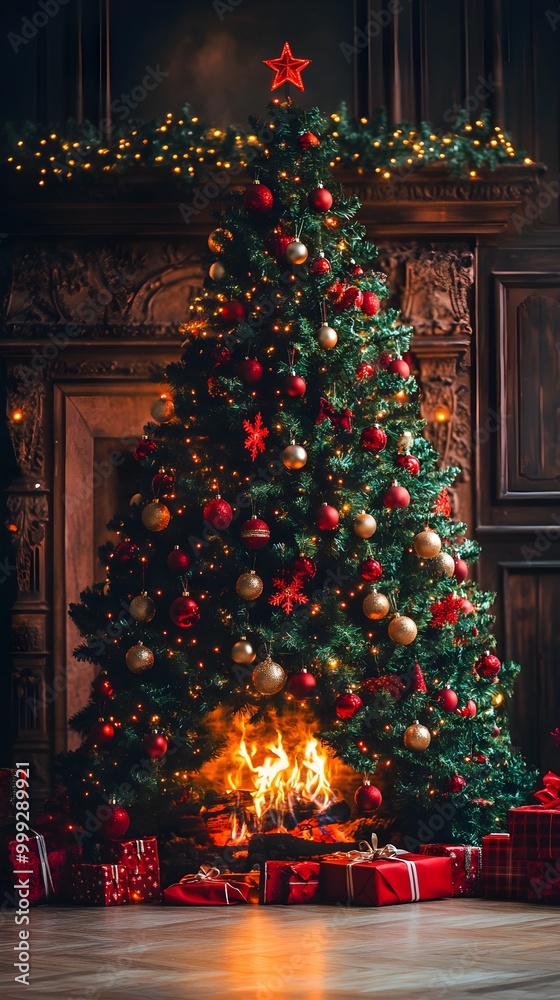 decorated christmas tree on burning fireplace background. banner with copy space decorated christmas tree on burning fireplace background. banner with copy space