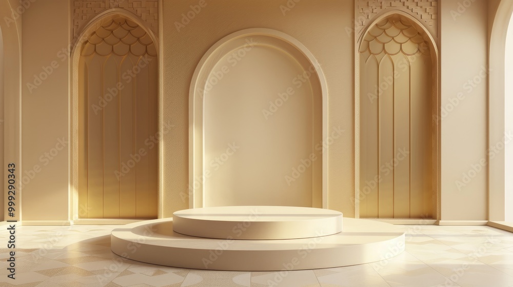 Obraz premium A Golden Archway with a Circular Pedestal in a Minimalist Room