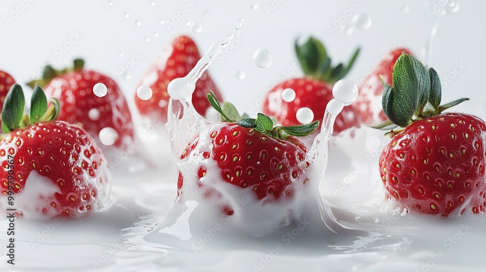 Strawberries are dipped in milk, creating dynamic splashes, shallow depth of field. white background 