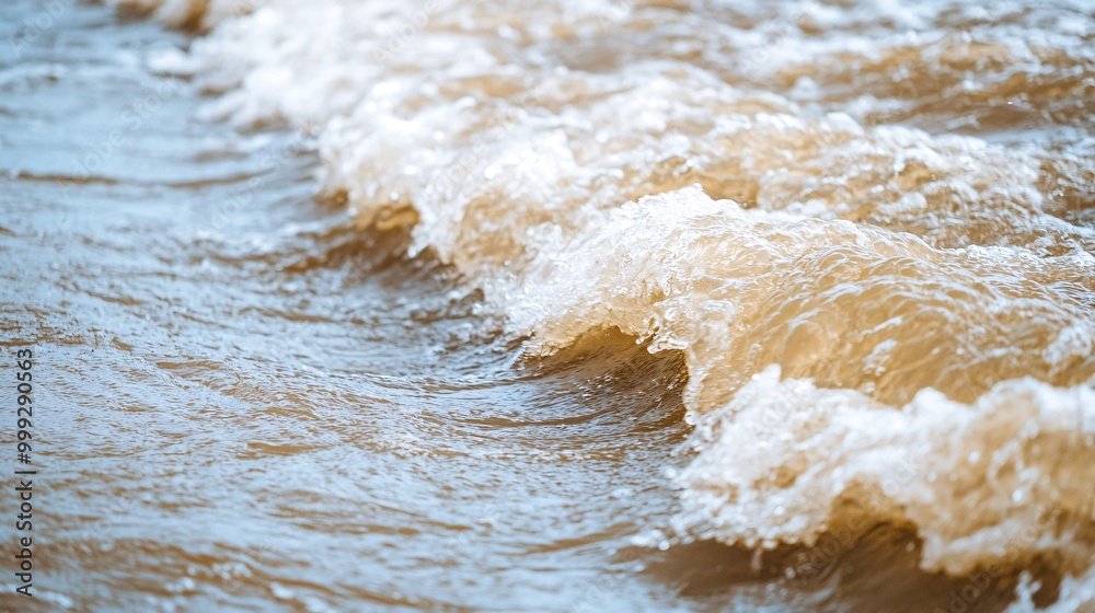 Obraz premium A close-up view of rolling waves in a muddy, brown body of water, showcasing the movement and texture of the surf.