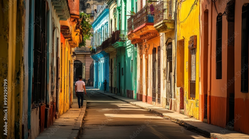 Fototapeta premium A man walks down a narrow street lined with brightly colored buildings in a sunny Caribbean city.