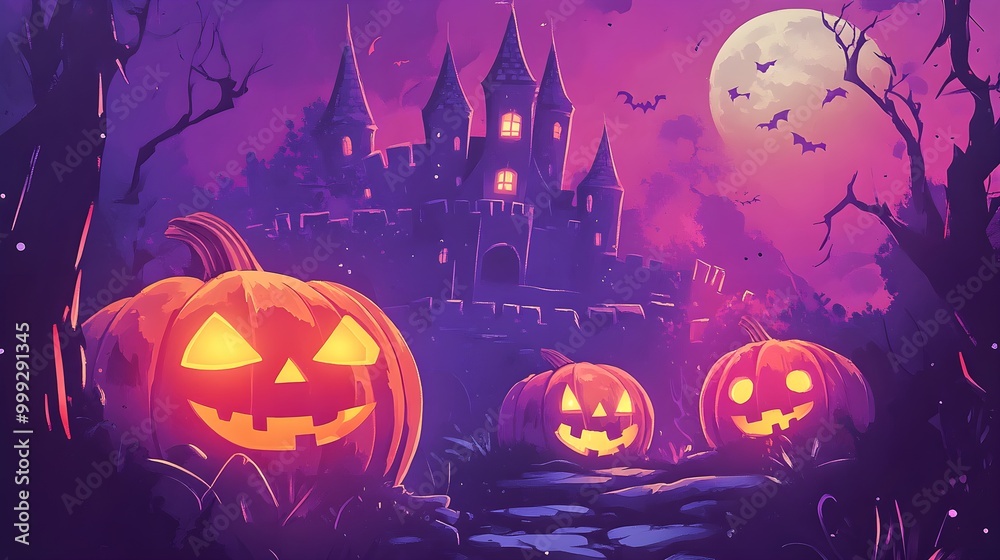 Fototapeta premium Spooky halloween illustration, pumpkins castle, dark, cartoon style for kids