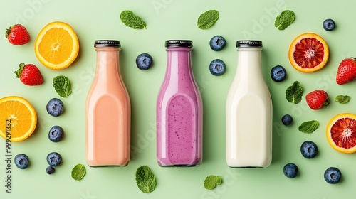 Strawberry, blueberry and orange yogurt smoothie with Strawberry, blueberry and orange fruits, yogurt bottle and milk bottle isolated on light green background