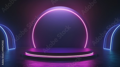 Circular Platform with Neon Lights in a Dark Room