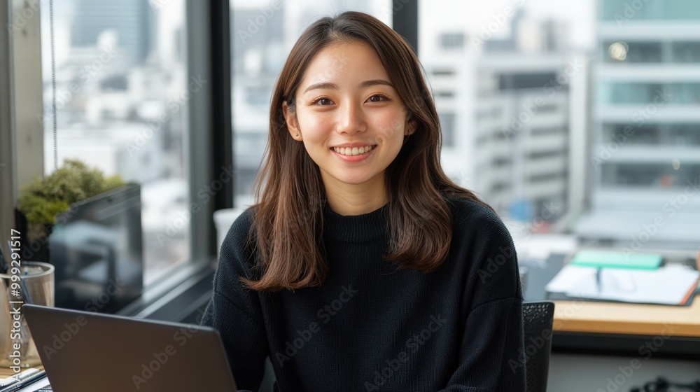 Fototapeta premium 企業やビジネスをテーマにしたモダンなオフィス環境で働く若い日本人プロフェッショナル