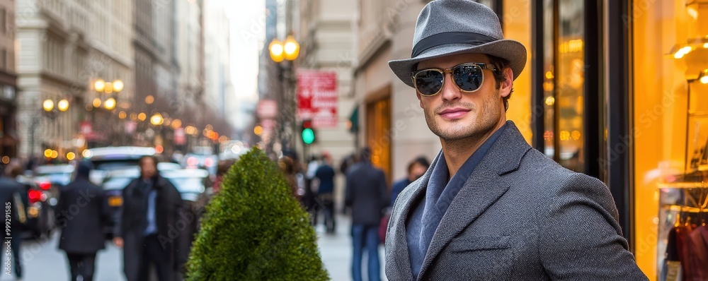 Stylish Man in Urban Setting with Hat and Sunglasses Stylish Man in Urban Setting with Hat and Sunglasses