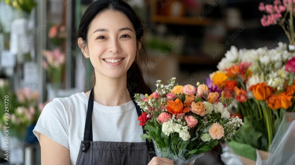 花の春の喜び：ポスターやカード用の季節の花束を持つ日本の花屋