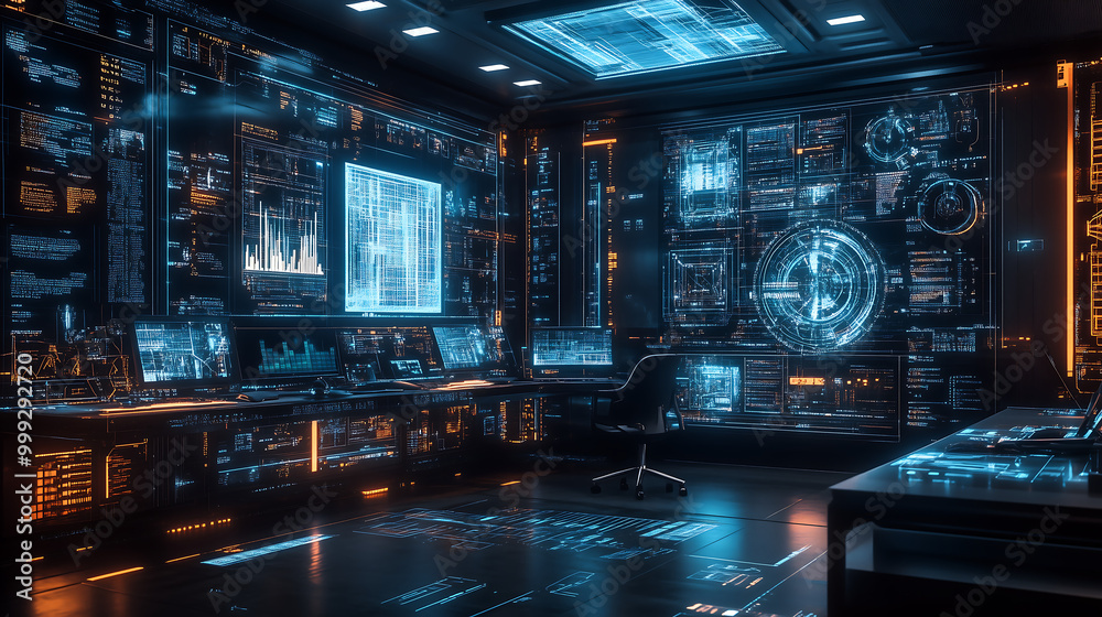 Professional workspace filled with advanced digital displays and futuristic data systems in a modern tech environment