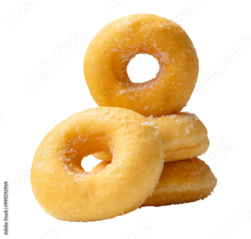 Front view of brown sugar glazed cinnamon donuts in stack isolated with clipping path in png file format