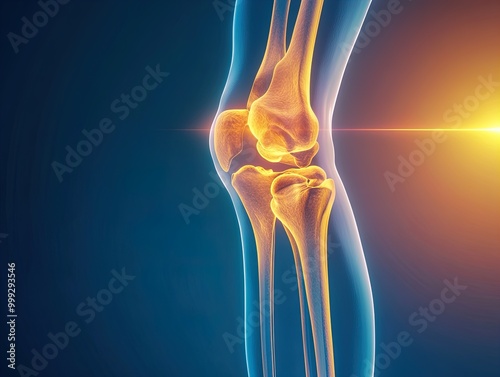 Stunning Anatomical Illustration of a Human Knee Joint with Glowing Effect - Perfect Poster for Sports Interiors and Educational Displays Against a Gradient Blue Background