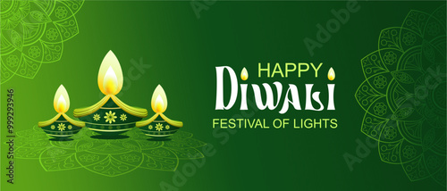 Happy Diwali light festival background vector. Diwali festival wallpaper design with Diya Lamp and rangoli patterns, in a green and cool background. Green Diwali. Vector Illustrations.
