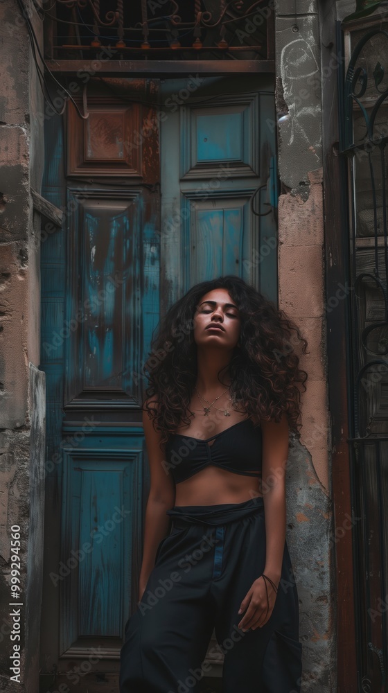 Stylish Woman in Urban Alleyway with Rustic Blue Door - Moody Fashion Portrait Stylish Woman in Urban Alleyway with Rustic Blue Door - Moody Fashion Portrait
