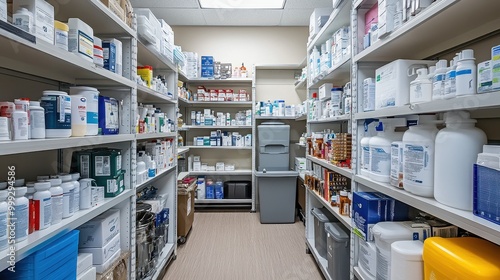 Pharmaceutical Storage: Organized Shelves of Medical Supplies