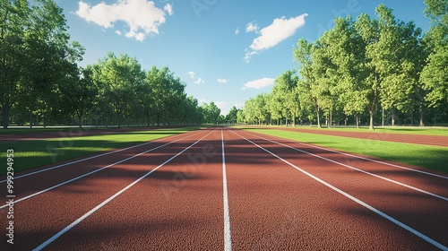 A clear view of an empty running track in an outdoor sports stadium, with white lane markings stretching out in parallel lines under the bright sunlight. 