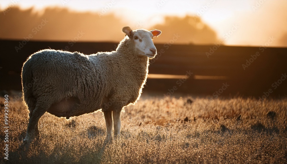 Obraz premium A sheep stands in a sunlit field during sunrise, bathed in warm, golden light, highlighting the serene and rural atmosphere.