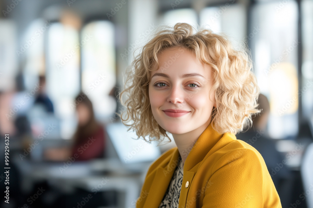 Young cheerful woman executive in the office. Smiling, looking at camera with blur colleagues at the background. Young cheerful woman executive in the office. Smiling, looking at camera with blur colleagues at the background.
