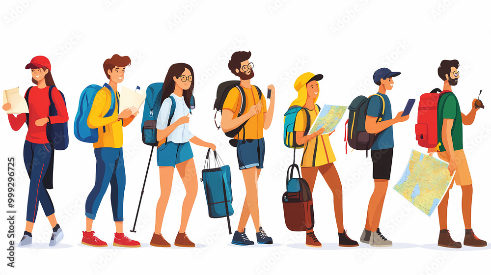 Fototapeta premium A group of tourists traveling with a backpack and map, on vacation. A collection of portraits of travelers.