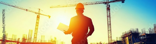 Construction Worker at Sunset in Urban Landscape photo