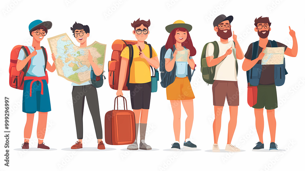 A group of tourists traveling with a backpack and map, on vacation. A collection of portraits of travelers. A group of tourists traveling with a backpack and map, on vacation. A collection of portraits of travelers.