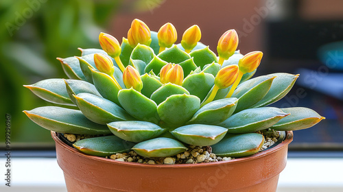 a beautiful Echeveria laui succulent featuring vibrant flower buds, captured in natural light photo