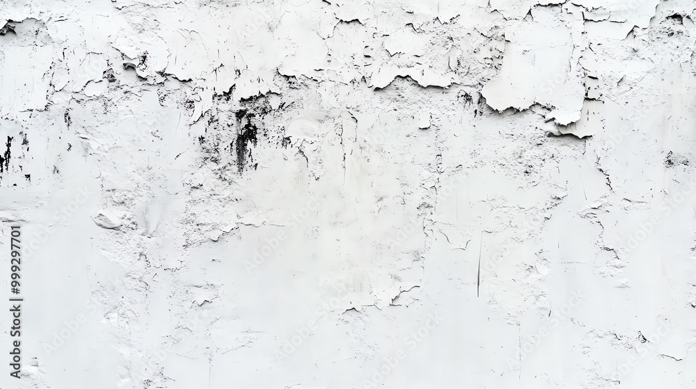 Obraz premium A textured close-up of a weathered white wall, showcasing peeling paint and irregular patterns, perfect for backgrounds and designs.