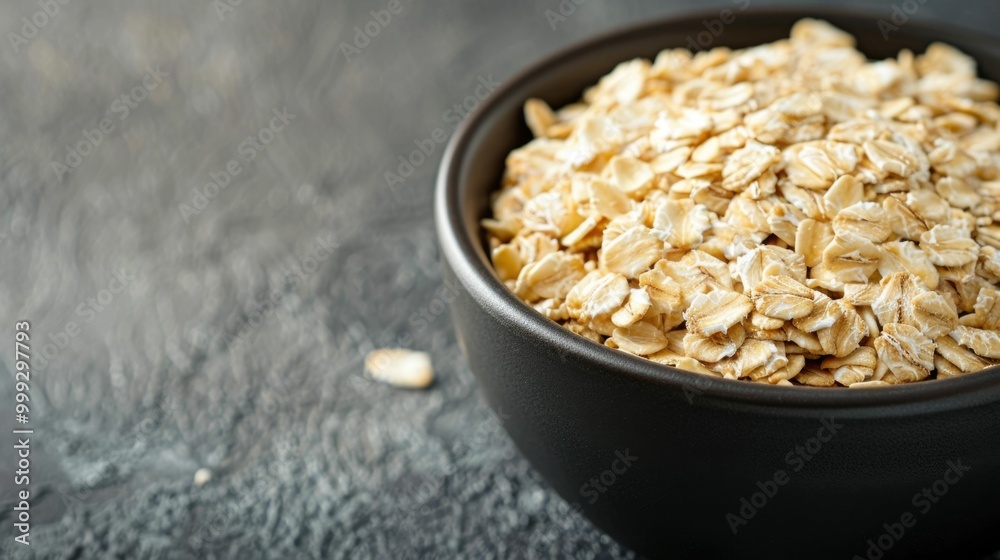 Closeup of a healthy oatmeal bowl with nutrient and fiber labels on a wooden table Nutritious breakfast cereal with a balanced diet concept Closeup of a healthy oatmeal bowl with nutrient and fiber labels on a wooden table Nutritious breakfast cereal with a balanced diet concept